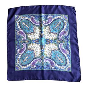 Silky scarf navy & light blue green gold cream paisley vintage mid century chic